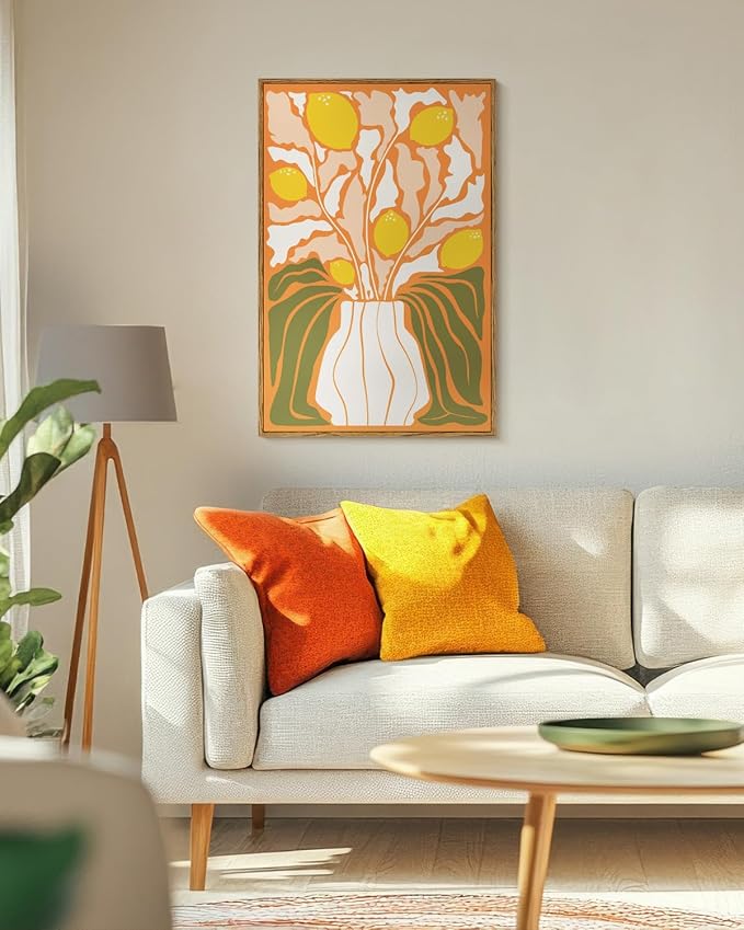 VIYYIEA Framed Canvas Wall Art, Large Flowers Wall Art for Living Room, Abstract Boho Print Paintings, Illustration Home Office Decor, Bedroom Wall Decor -【Lemon Flourish】-(24"x36")