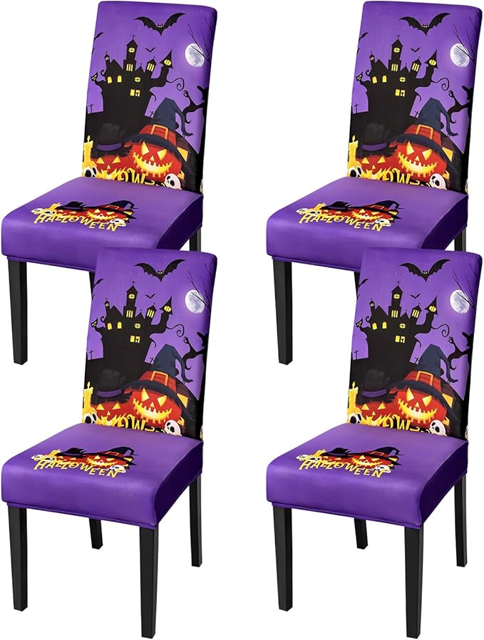 JQinHome Purple Halloween Chair Slipcover, Castle Chair Covers Set of 4, High Stretch Washable Chair Protector Cover for Dining Room, Kitchen,Home Party,Wedding Ceremony(Purple,4PC)