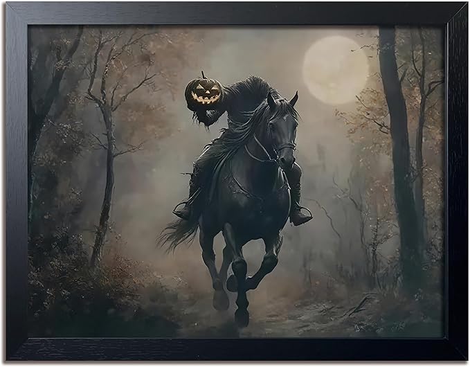 Black Wood Framed Halloween Canvas Wall Art Painting, Headless knight holding a pumpkin lantern Wall Decor, Vintage Dark Academia Gothic Poster Print, for Living Room Bedroom Office Decor 12x16 Inch