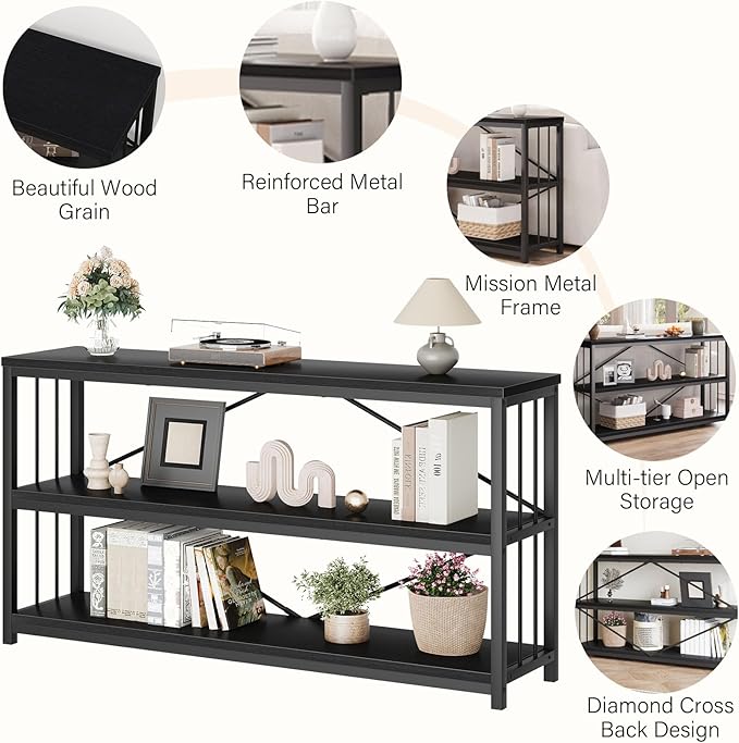 LVB Black Entryway Table, Modern Extra Long Sofa Console Table, Metal Wood Narrow Hallway Table with Storage Shelves, Industrial Skinny Foyer Couch Tables for Living Room Bedroom, Black Oak, 70 Inch