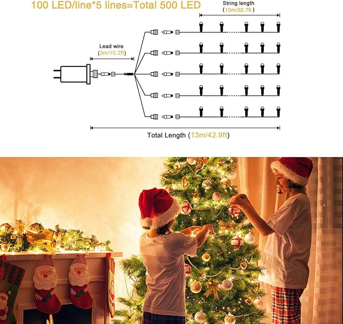JMEXSUSS 500 LED Warm White Christmas Lights Indoor, 8 Modes Green Wire Christmas Tree Lights Outdoor Waterproof, Twinkle Fairy String Lights Plug in for Xmas Wedding Party Garden Patio