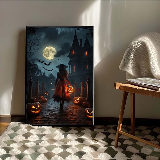 JFHCQJPK Halloween theme poster moonlit autumn night witch vintage poster art print dark college style gothic painting canvas wall decoration bedroom living room ideal gift16x24in Metal blackFramed