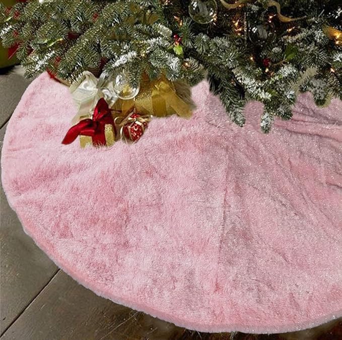 AISENO 36 Inch Christmas Tree Skirt Faux Fur Pink Bright Silk Shiny Decoration for Christmas Tree Plush Merry Christmas Decorations Decor