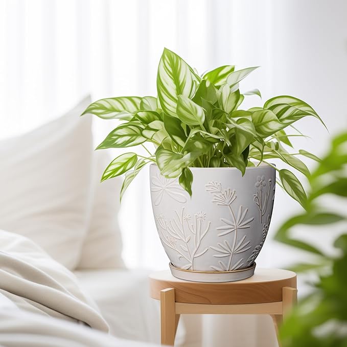 8 Inch Ceramic Pots for Plants Large Planter Pot with Drainage Hole and Saucer Round Flower Pot for Indoor Outdoor Decor, White