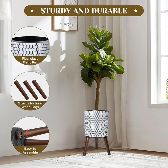 Flower Pot with Legs Tall Flower Pot with Drainage Holes for Indoor and Outdoor Decorative Planting (White Black Honeycomb, 12 Inches)