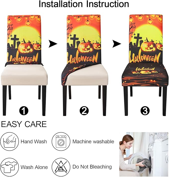 JQinHome Orange Halloween Chair Slipcover, Pumpkin Chair Covers Set of 4, High Stretch Washable Chair Protector Cover for Dining Room, Kitchen,Home Party,Wedding Ceremony(Orange,4PC)