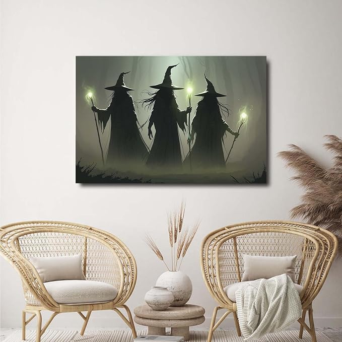 Vintage 3 witches canvas wall decor melancholy dark Halloween poster wall decor holding a staff print Gothic horror Halloween painting print for living room bedroom16x24in Wood Framed