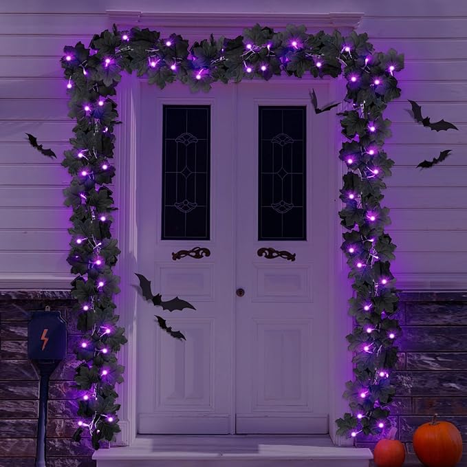 Ouddy Decor 2 Pack Lighted Black Garland Decorations, Total 20 Ft 60 Led Fall Lights Maple Leaves Battery Operated for Indoor Outdoor Thanksgiving Front Door Decor, Purple