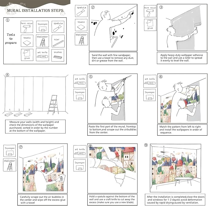 AFZEVEB-Cartoon Watercolor House Nursery Wallpaper Wall murals for Kids Room 114"x74" (Not Peel and Stick)