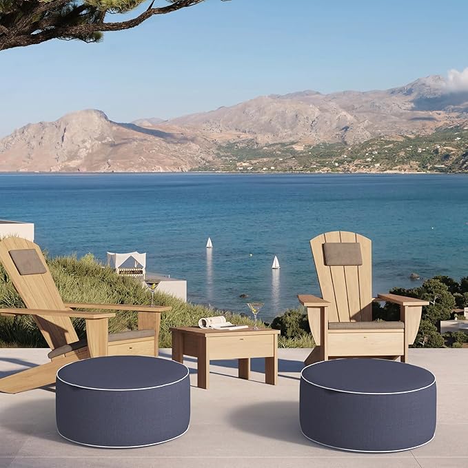 Inflatable Ottoman Stool D21 xH9 for Outdoor/Indoor Use, Water Repellent Patio Foot Rest Stool with Portable Handle,Round Pouf Ottoman Suitable for Garden,Deck and Camping - Textured Navy