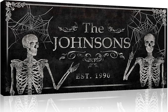 Tailored Canvases Gothic Family Wall Decor - Personalized Grunge Vintage Skeleton Room Decor for Home, Halloween Lovers, Men & Women for Bedroom, Living Room - Custom Couple Name, White Print, 60"x30"