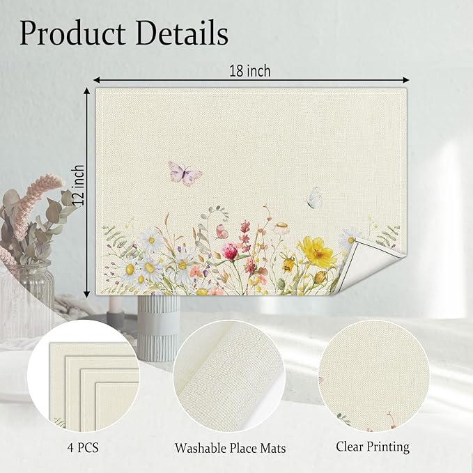 Wildflowers Placemats Set of 4, Floral Table Mat for Home Kitchen, Restaurants, Outdoor Linen Washable Place Mats 12x18 inch Party Event Dining Decoration-11