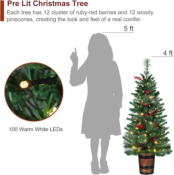Set of 2 Christmas Trees with Lights 4-FT Artificial Potted Porch Berries and Pinecone Christmas Tree Battery Powered with 8 Modes and Timer for Indoor Outdoor
