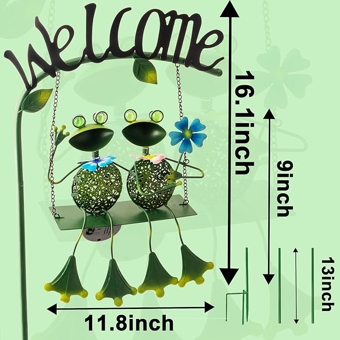 Frog Solar Light Garden Outdoor Decoration Swing Metal Stake Lamp with Welcome Sign Waterproof Patio Yard Decor Gifts-48 inch