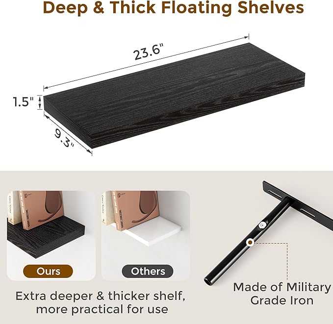 24 Inch Floating Shelves, Rustic 24 x 9 Black Floating Shelf for Wall, Black Bathroom Shelf Set of 2, Farmhouse Wood Wall Shelves for Bedroom, Kitchen, 9 Inch Deep Shelves for Home Storage