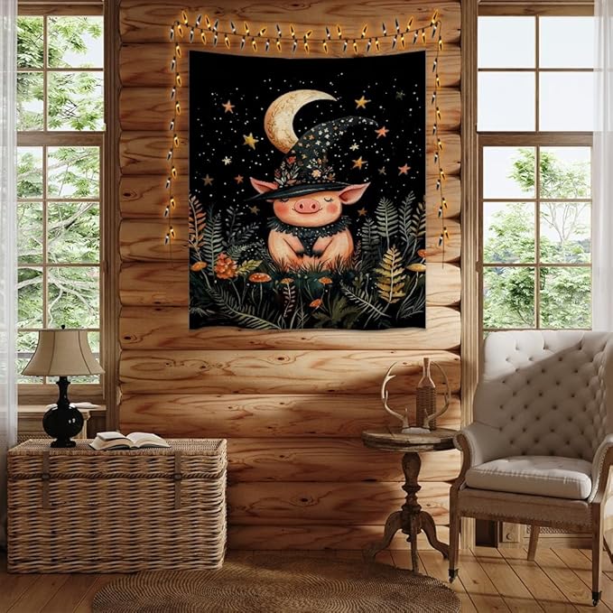 Whimsical Witch Pig Tapestry Wall Hanging Cute Farmhouse Animal Tapestry Aesthetic Moon and Stars Pictures Print Cottagecore Witchy Halloween Artwork Tapestries Decor for Living Room Bedroom 70x90inch