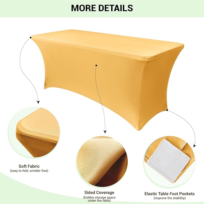 Obstal 4Ft Stretch Spandex Table Cover for Standard Folding Tables - 2 Pack Universal Rectangular Fitted Tablecloth for Party, Banquet, Events, Trade Show (Gold, 48L x 24W x 30H Inches)