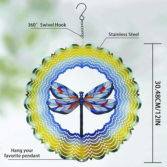 Wind Spinners Outdoor Dragonfly Decorations - Birthday Gifts for Women Mom Grandma, Hanging Wind Spinner 12 inch 3D Wind Sculptures for Garden Decor for Outside, Patio, Yard, Outdoor