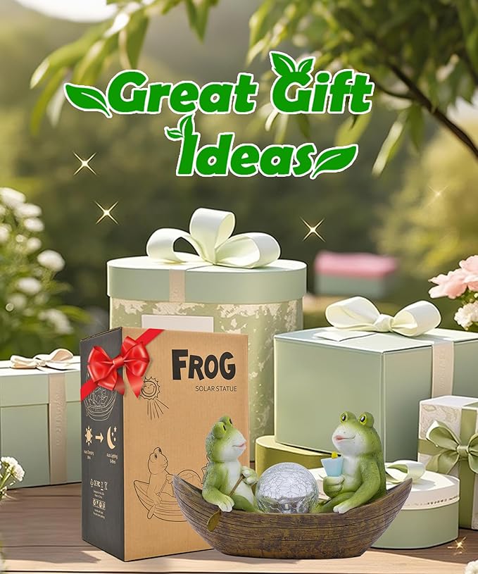 Solar Frogs Boating Statue Garden Decor: Outdoor Sculpture Lights Decorations Art Ornament Yard Lawn Backyard - Ideal Gifts for Women Mom Grandma
