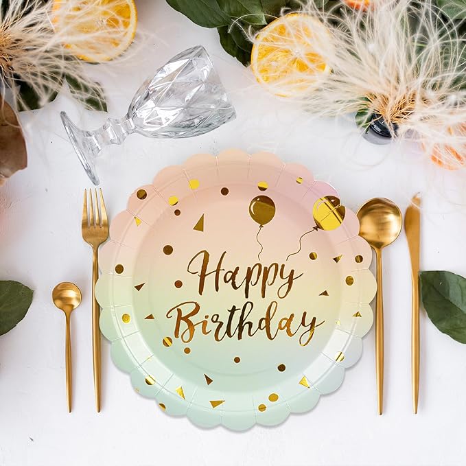 50PCS Pastel Rainbow Birthday Paper Plates, 7 Inch Disposable Happy Birthday Dessert Plates Cake Plate Scalloped Colorful Gold Dot Party Plate Aniversary Party Supplies Decorations for Boys Girls