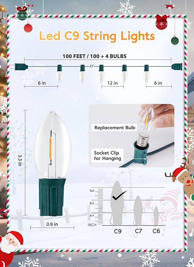 Vintage C9 LED Christmas Lights Outdoor, 100 Feet C9 String Lights with 100 LED C9 Plastic Bulbs, Waterproof Connectable Lights for Christmas Tree Roofline Garden Patio Backyard Decor, Warm White