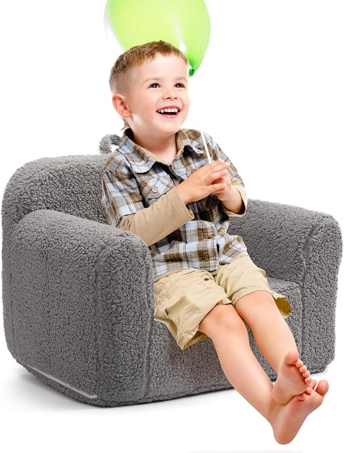ALIMORDEN Kids Ultra-Soft Snuggle Foam Filled Chair, Toddler Cuddly Sherpa Reading Couch for Boys and Girls, Grey