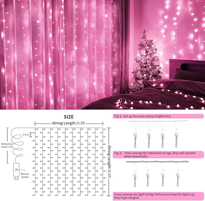 suddus Curtain Lights for Bedroom, 200 Led 6.5ft x 6.5ft Hanging String Lights Outdoor, Fairy Curtain Lights for Backdrop, Window, Wall, Wedding, Party, Garden, Porch, Birthday Decorations Pink