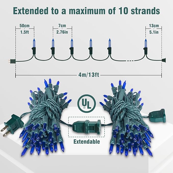 Hopolon Blue Christmas Lights, 13Feet 50Count UL Certified String Light, Pack of 2 Sets Incandescent Mini Lights for Indoor Outdoor Christmas Tree Garland Halloween Party Festival Decor,Blue
