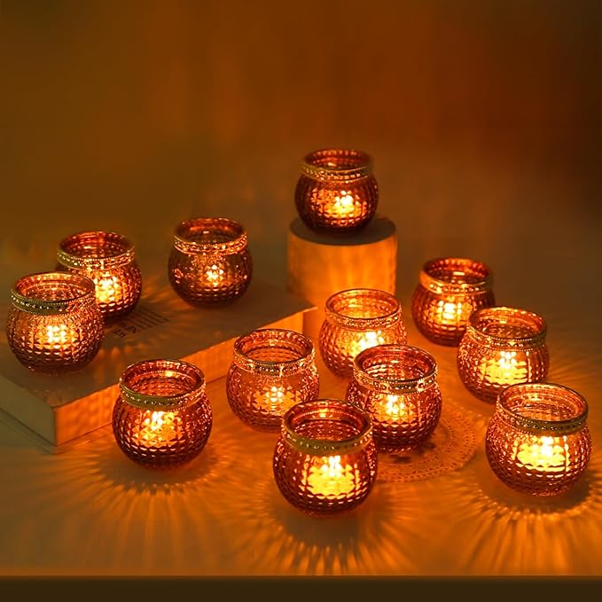 Amber Votive Candle Holders,Small Glass Tea Light Holder 12pcs,for Wedding Table,Vintage Boho Party,Holiday Centerpieces Fall Decorations