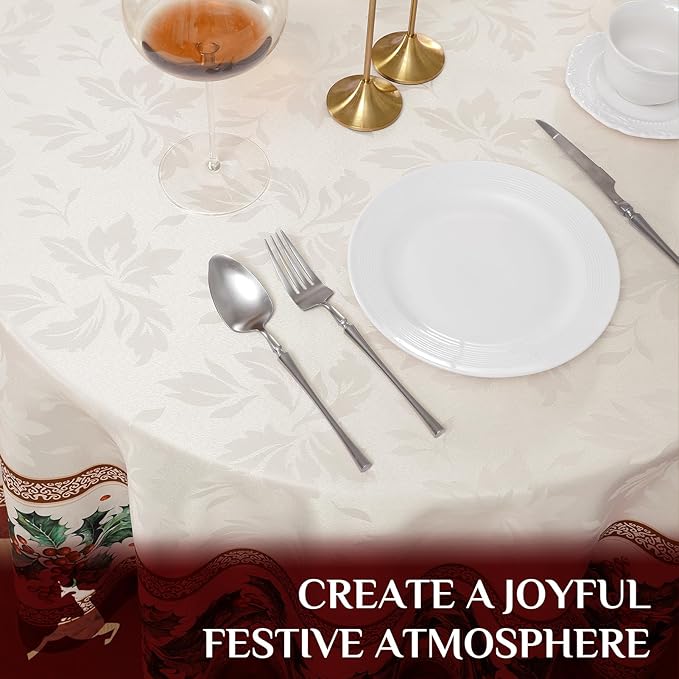 Softalker Christmas Jacquard Round Tablecloth, Winter Vintage Holly Waterproof Table Cloth, Xmas Farmhouse Fabric Table Cover for Holiday, Dining, Party Decor, Holly 70 Inch
