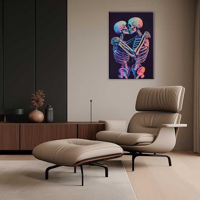 Skeleton Wall Art Kissing Skull Art Poster Skeleton Lover Picture Print On Canvas Abstract Horrible Theme Painting Framed Artwork Living Room Decor(Artwork-3,24"x36")