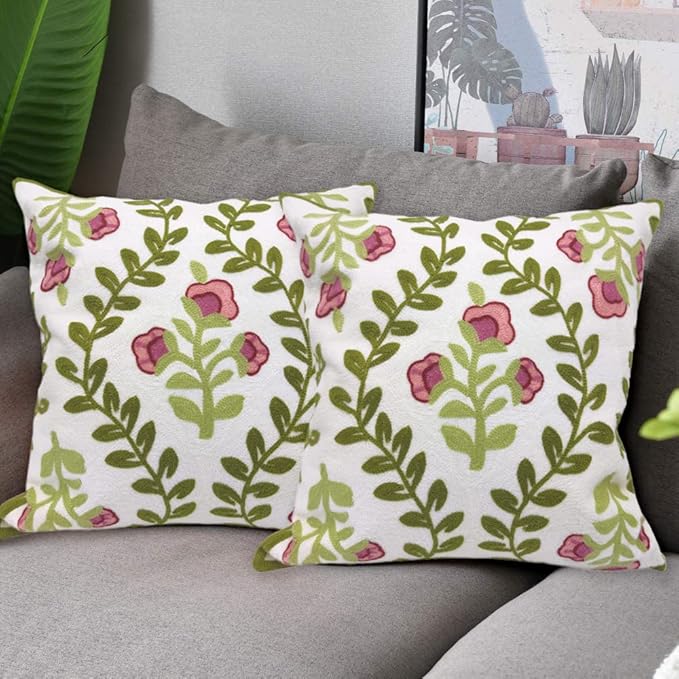 Alysheer Floral Embroidered Summer Decorative Throw Pillow Covers 18"x 18" Set of 2, Farmhouse Cottage Pink Flowers Green Leaves Knit Pattern Cotton Canvas Cushion Case for Sofa Couch Bed Living Room