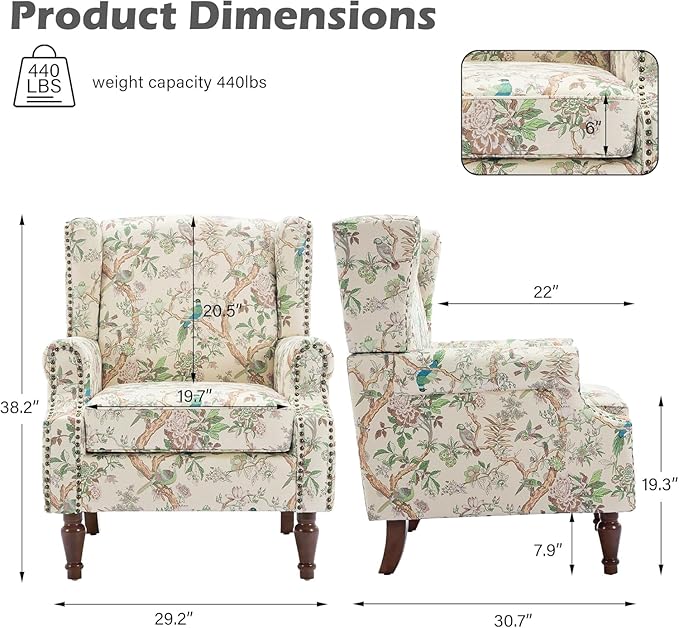 UIXE High Back Floral Accent Chairs Set of 2, Fabric Upholstered Armchair for Living Room, Retro Printed Wingback Arm Chair Rivet Trimed Single Sofa Bedroom Reading Seat - Bird