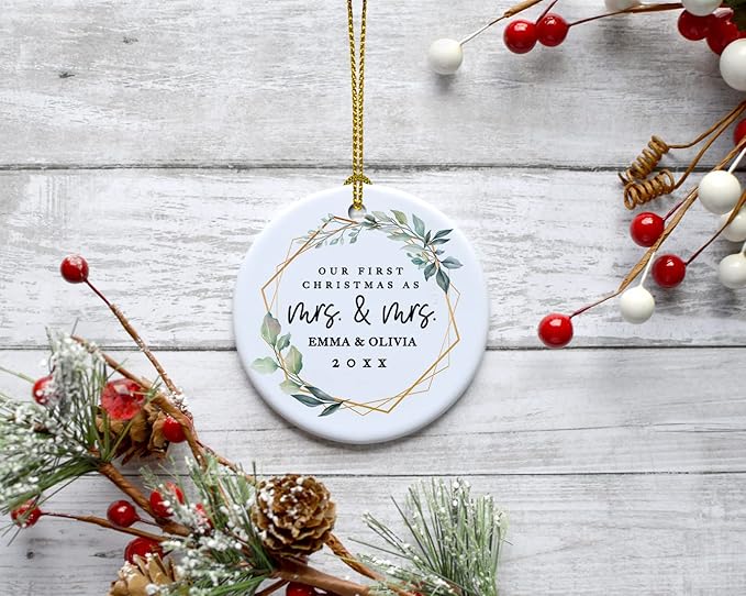 Andaz Press Personalized Our First Christmas As Mrs. & Mrs. 2025 Christmas Ornaments Geometric Greenery 2.8" Round Porcelain Ceramic Lesbian Married Couple Gay Women Newlyweds Wedding Keepsake 1-Pack