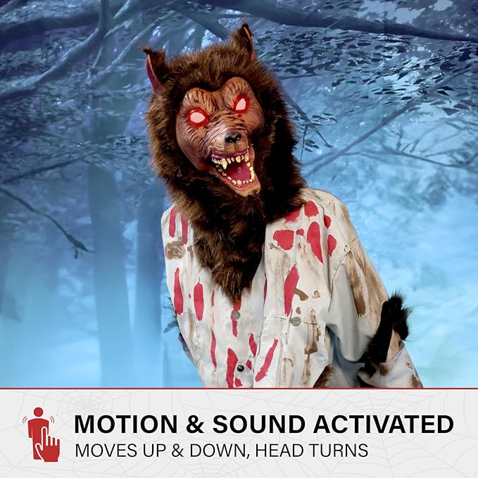 Haunted Hill Farm Howler by Tekky, Battery-Operated, Motion and Sound Activated Animatronic Werewolf with Sound Effects and Lights for Indoor or Covered Outdoor Creepy Halloween Decoration