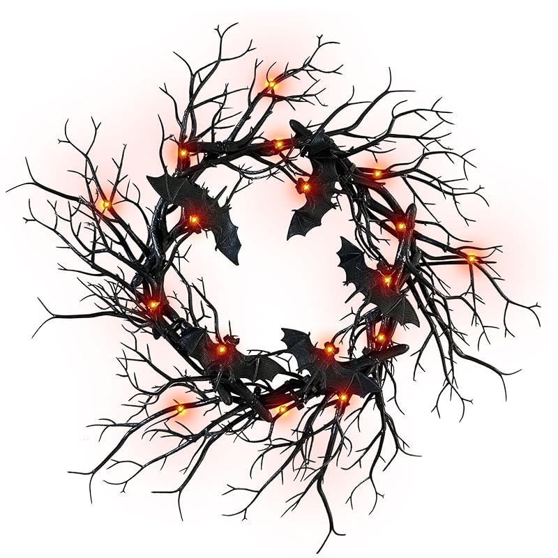Halloween Black Branch Wreath - 18 Inch Black Twig Halloween Bat Wreaths with Red Lights for Front Door Indoor Outdoor Party Window Wall Decor Farmhouse Garland Yard