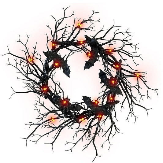 Halloween Black Branch Wreath - 18 Inch Black Twig Halloween Bat Wreaths with Red Lights for Front Door Indoor Outdoor Party Window Wall Decor Farmhouse Garland Yard