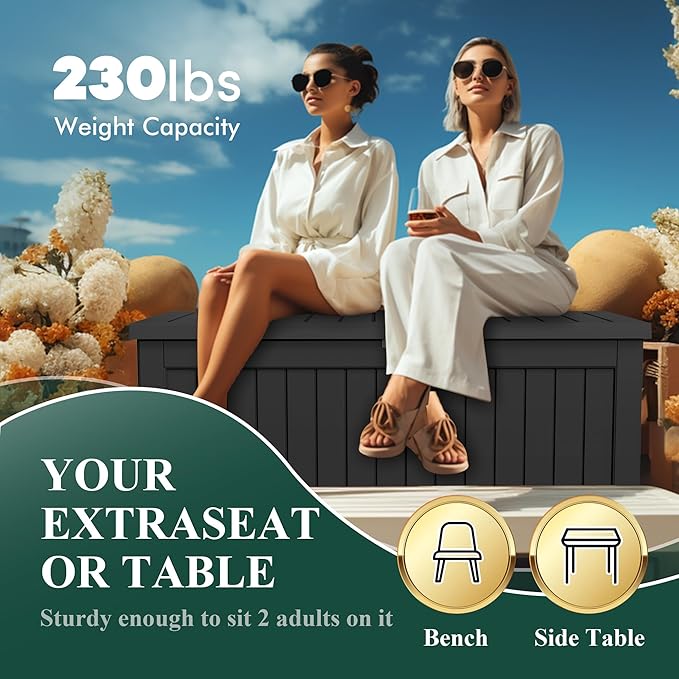 230 Gallon Outside Storage Box, Resin All Weather Storage Cabinet, Large Deck Box for Garden Tools, Patio Furniture, Sports Equipment, Black