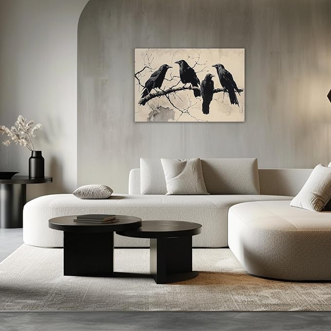 OAAPITI Birds Canvas Wall Art Black Couple Crow Picture Print Vintage Gothic Raven Artwork for Living Room Halloween Home Wall Decor(Artwork-9,12"x18")