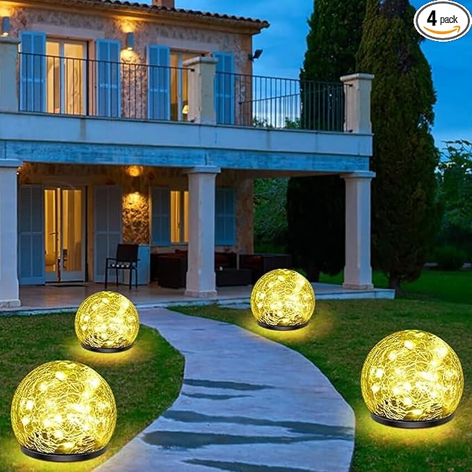 Solar Garden Lights, 4 Pack 120 LED Warm White Cracked Glass Outdoor Decorative, Upgraded Waterproof Ball for Yard Pathway Patio Lawn Christmas Outside Decor, 3.94"