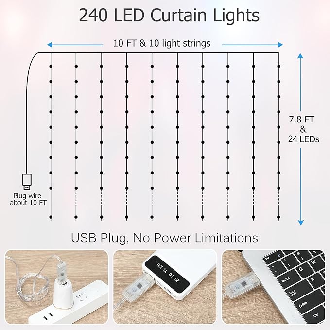 LED Curtain Lights, 9.8ft x 7.8ft 240 LED RGB Color Changing String Fairy Lights Curtain-Smart APP Control, Music & Voice Sync for Bedroom Backdrop Indoor Outdoor Christmas Decorations