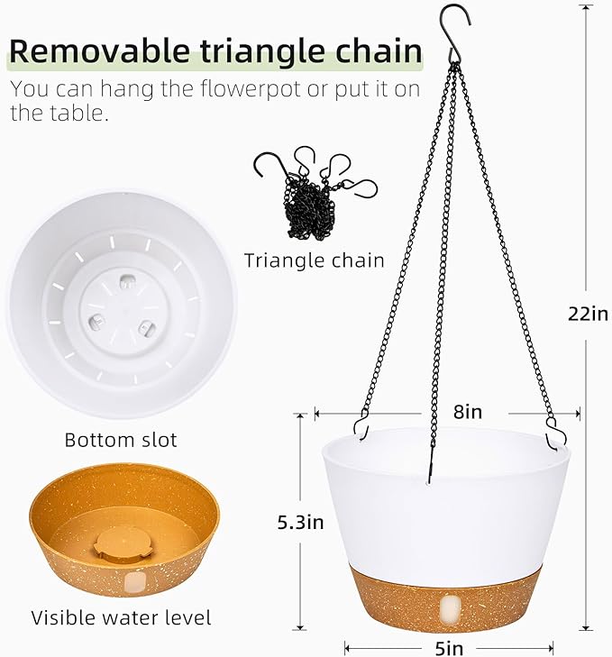 QCQHDU 2 Pack Hanging Planters for Indoor Outdoor Plants, 8 Inch Hanging Baskets Flower Pots with Reservoir Tray & Visible Water-Level