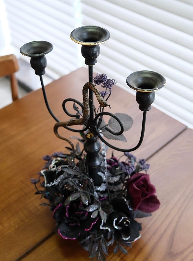 Halloween Candle Holder, 3 Arms Metal Candelabra, Black Candlestick Holder, Gothic Spooky Halloween Decor for Coffee Table/Dining Table Centerpiece, 18" Height