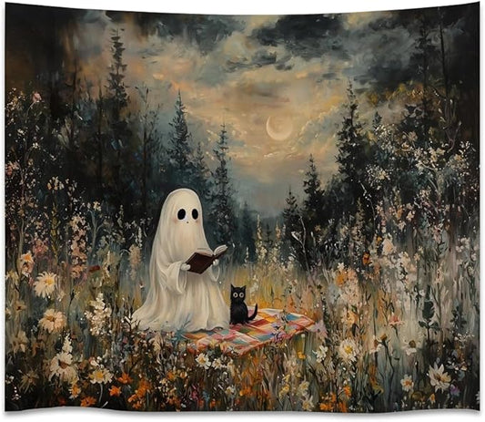 Halloween Ghost and Black Cat Tapestry Wall Hanging Spooky Ghos Reading Book in Wildflowers Wall Decor Halloween Witchy Room Aesthetic Tapestries for Goth Living Room Bedroom Decoration 70x90inch