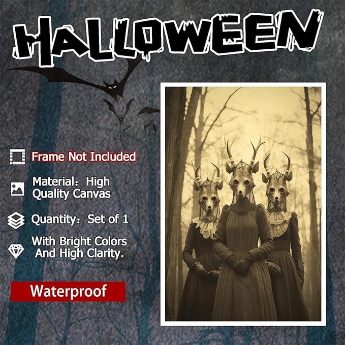 Vintage Horror Skeleton Spooky Three Skull In Occult Forest Posters Canvas Wall Art Poster Gothic Dark Academia Decor Creepy Print Retro Halloween Wall Decor 24X36inch Unframed