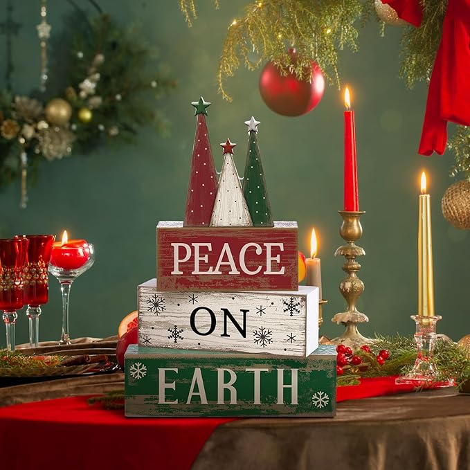 4 Pcs Christmas Table Decoration Wooden Christmas Tree Sign Winter Tiered Tray Decor Decorative Red Green and White Tree Block Signs Xmas Table Centerpiece Farmhouse Decor for Home Kitchen