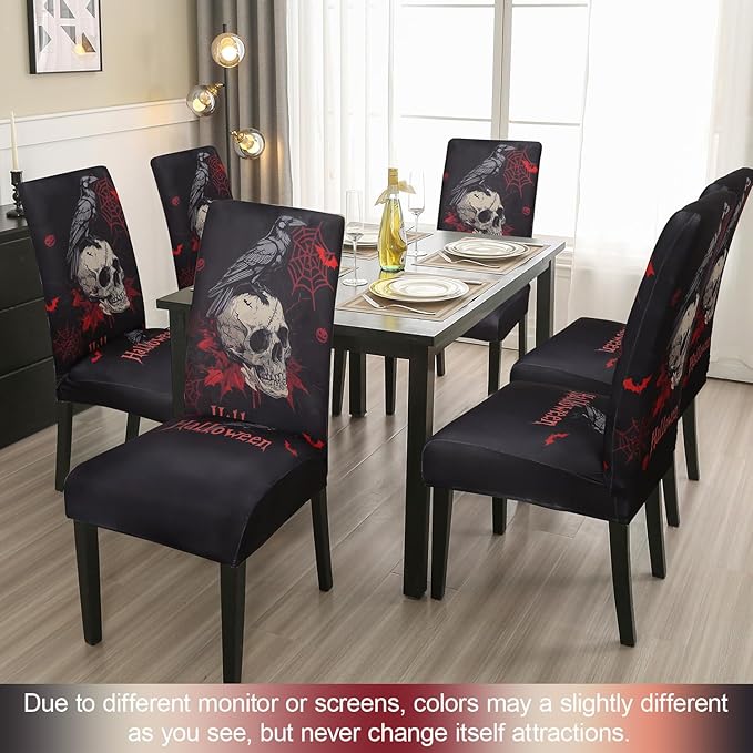 JQinHome Black Halloween Chair Slipcover,Skull Chair Covers Set of 4, High Stretch Washable Chair Protector Cover for Dining Room, Kitchen,Home Party,Wedding Ceremony(Skull Black,4PC)