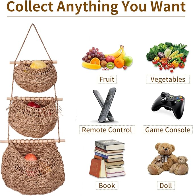 Hanging Fruit Baskets for Kitchen 3-Tier Handmade Bohemian Wall Baskets for Organizing & Decorating Living Room Bedroom Wall Hanging Basket for Onion Storage & Fruit Storage