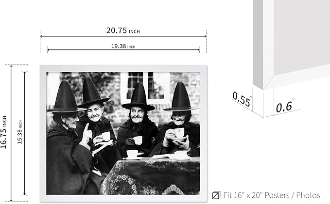 Poster Master Classic Photograph Poster - Vintage Halloween Print - Gift for Artist, Friend - Witches Tea Party, Old Women Smiling, Wearing Robes - Wall Decor for Living Room, 16x20 White Framed