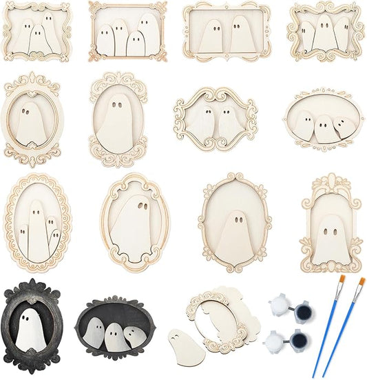 12 Set Wood Ghost DIY Frames Decorating Craft with Paint and Brush Unfinished Wooden Gift Ornaments Cute Ghost for Halloween Craft Art Party Supplies, Not Include Glue (Cute Style)